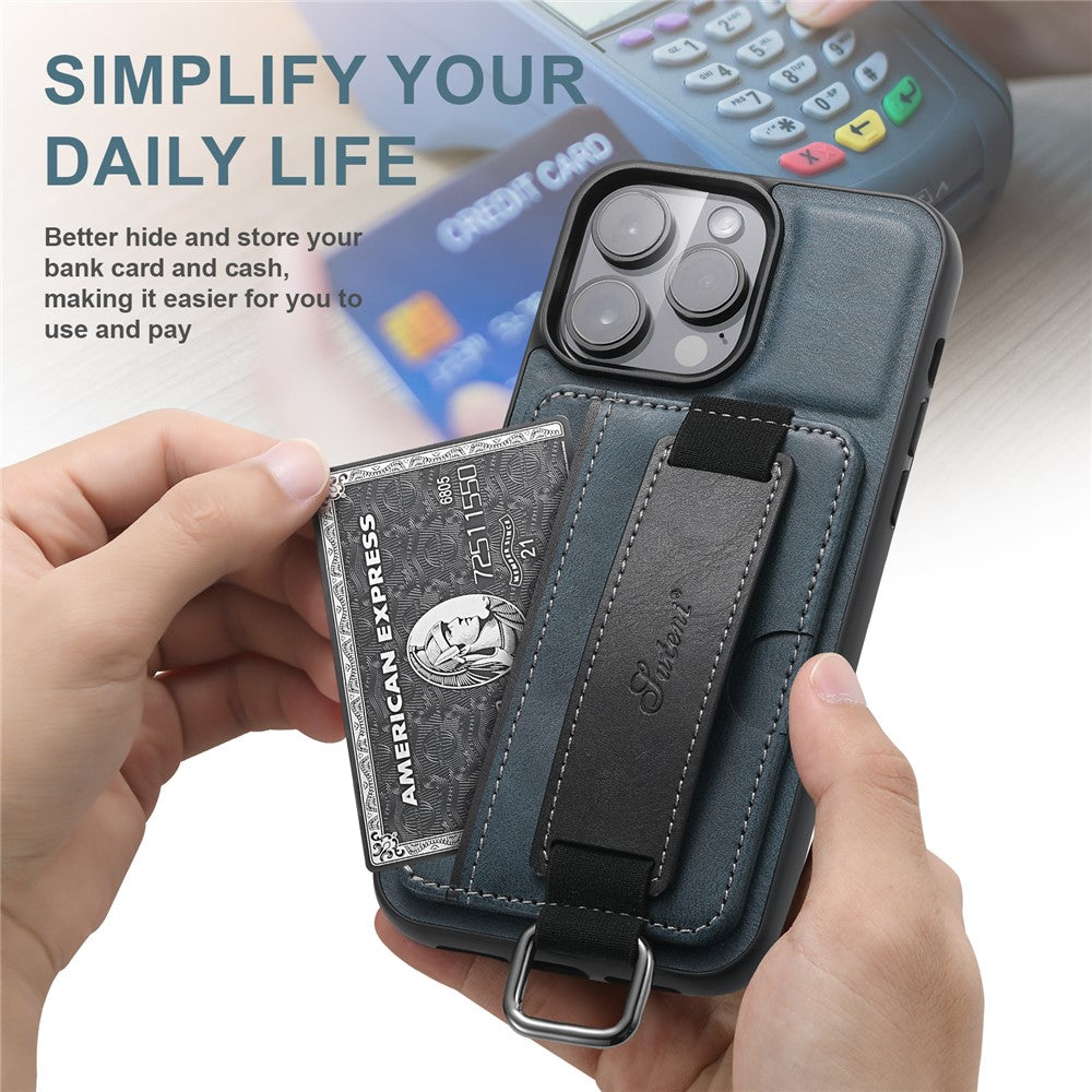 SUTENI H13 Card Holder Phone Case for iPhone 12 Pro Leather Coated PC + TPU Kickstand Phone Cover with Hand Strap