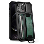 SUTENI H13 Card Holder Phone Case for iPhone 12 Pro Leather Coated PC + TPU Kickstand Phone Cover with Hand Strap
