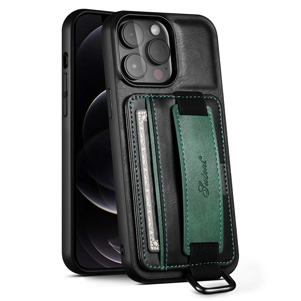 SUTENI H13 Card Holder Phone Case for iPhone 12 Pro Leather Coated PC + TPU Kickstand Phone Cover with Hand Strap
