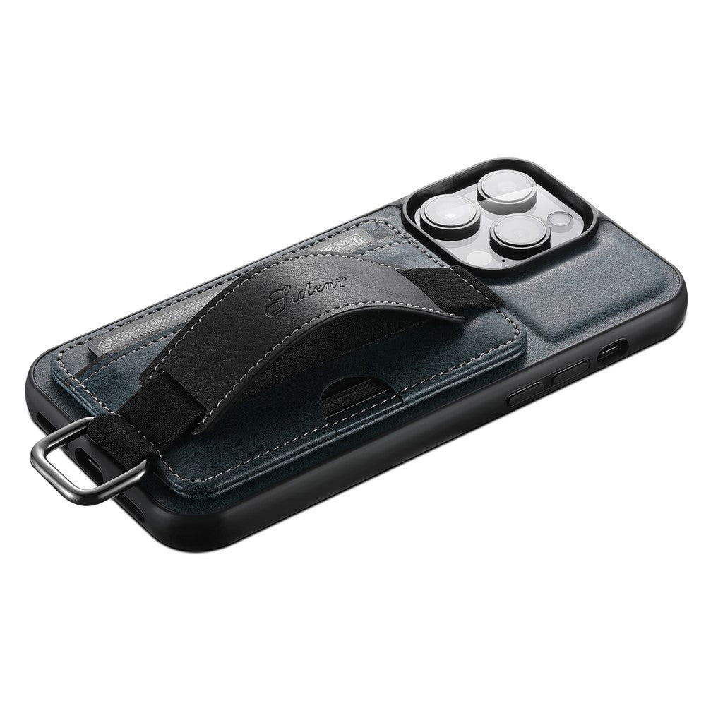 SUTENI H13 Phone Kickstand Case for iPhone 12 Pro Max Card Holder Leather Coated PC + TPU Hand Strap Phone Cover