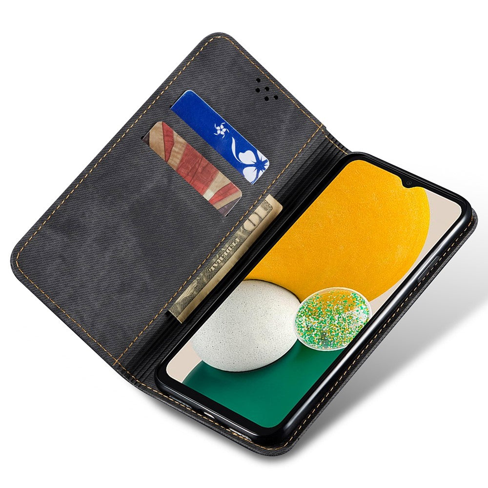 Fallsäkert mobilskal för Samsung Galaxy A24 4G (162,1 x 77,6 x 8,3 mm) Jeanstygtexturerat läderfodral med stativ, plånbok