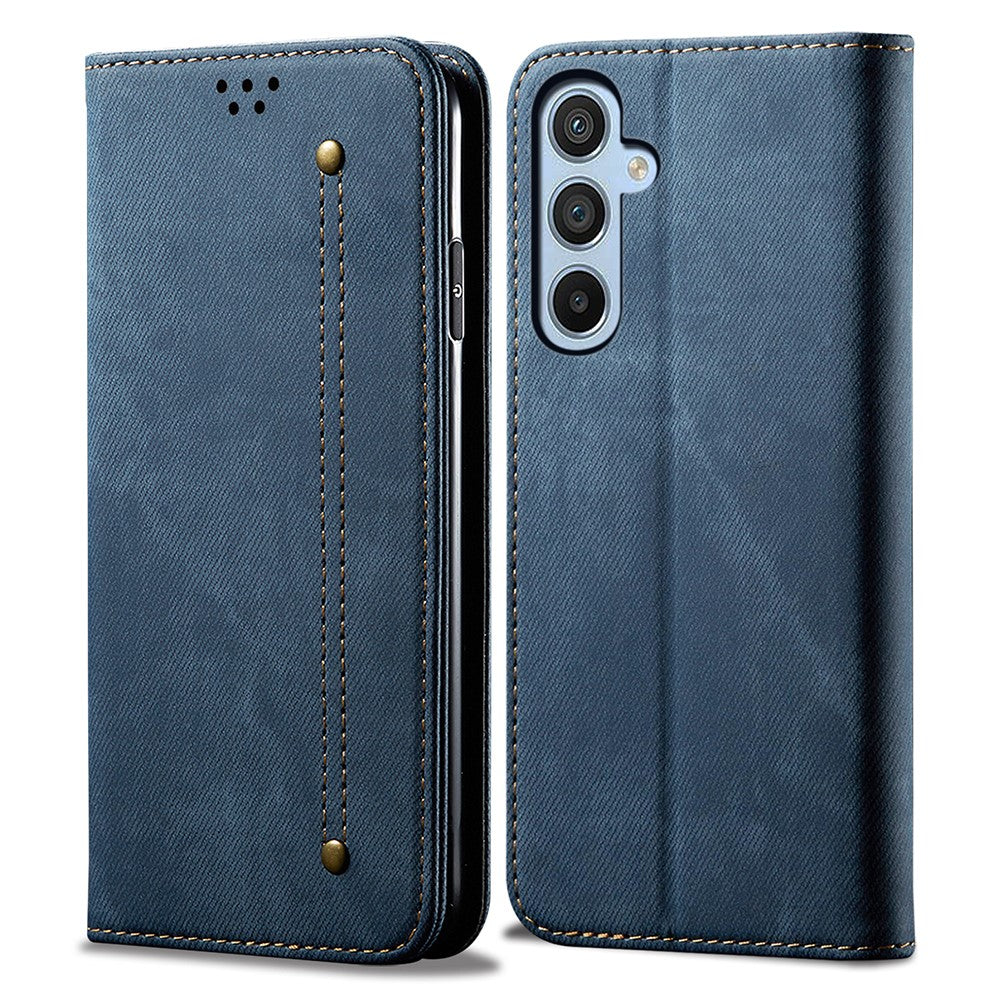 Fallsäkert mobilskal för Samsung Galaxy A24 4G (162,1 x 77,6 x 8,3 mm) Jeanstygtexturerat läderfodral med stativ, plånbok