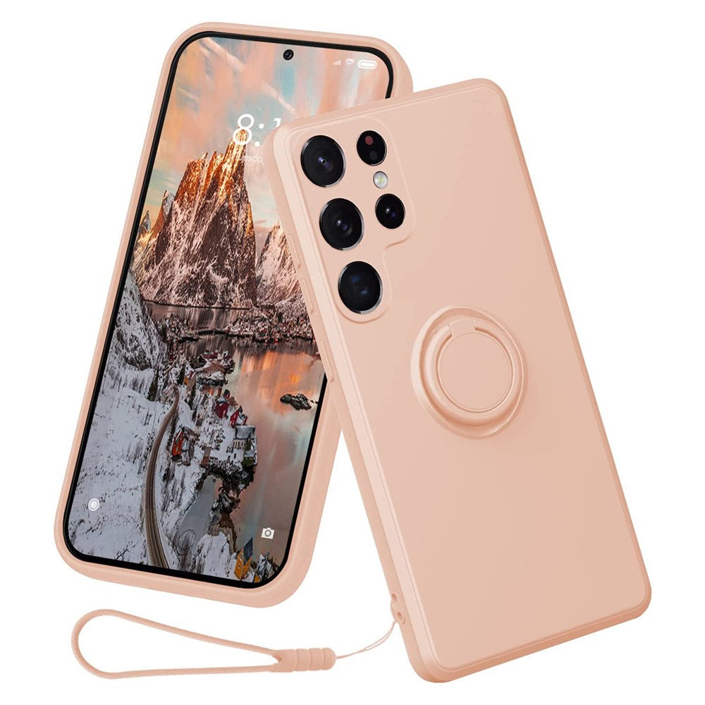 Cell Phone Case for Samsung Galaxy S23 Ultra Ring Kickstand Liquid Silicone Protective Phone Cover with Lanyard
