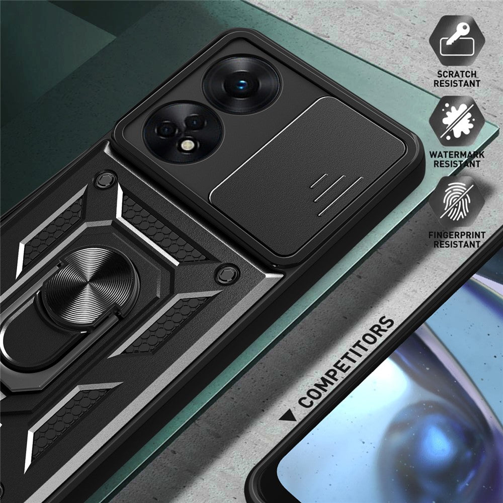 Til Oppo Reno8 T 4G Anti-fald Mobiltelefoncover Støtteben med Skydbart Kameralinsecover