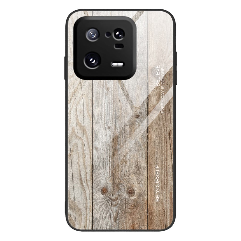For Xiaomi 13 Pro 5G Wooden Pattern Phone Case Tempered Glass + TPU Shockproof Phone Cover