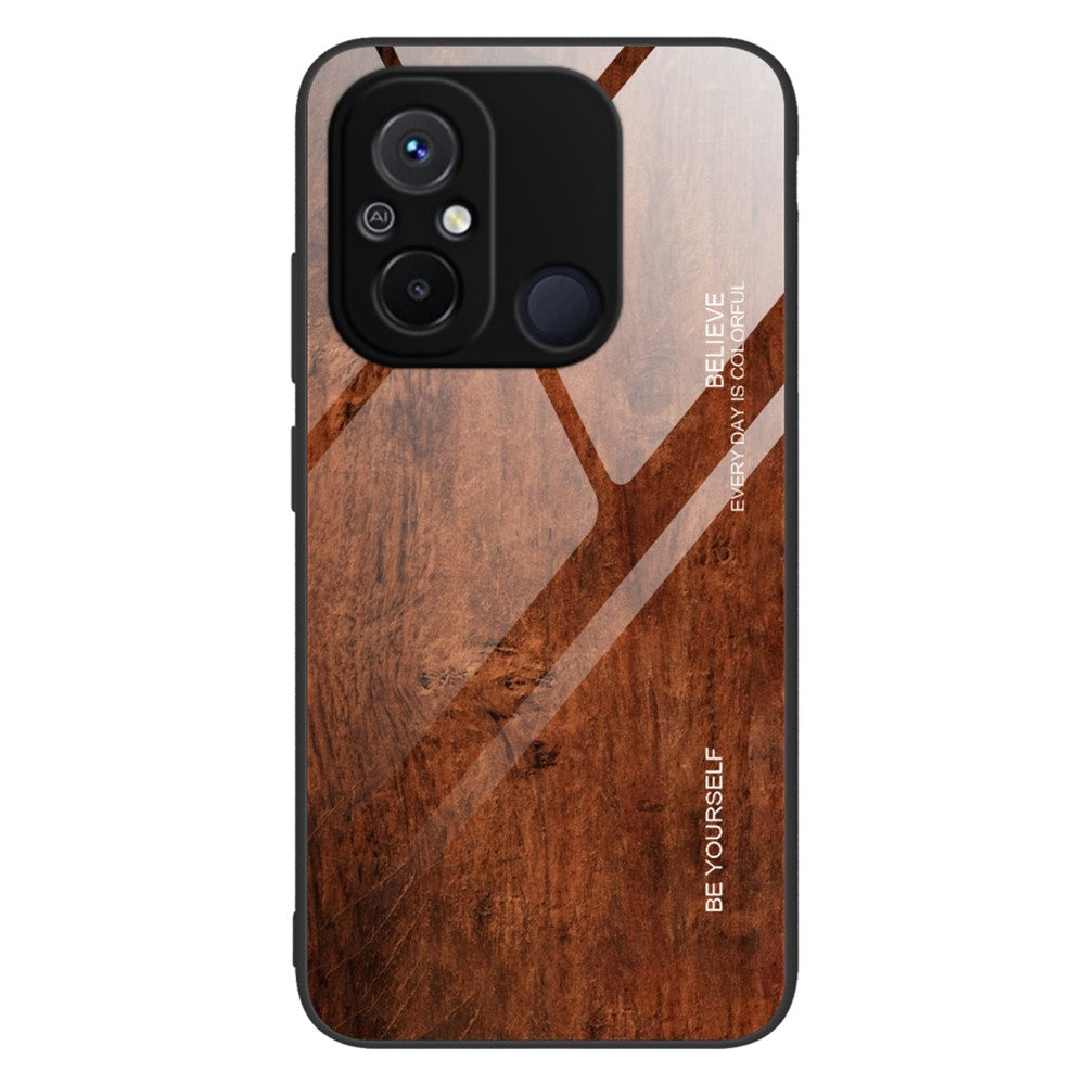 For Xiaomi Redmi 11A 4G / 12C 4G Wooden Pattern Drop-proof Phone Case Tempered Glass + TPU Protective Cover