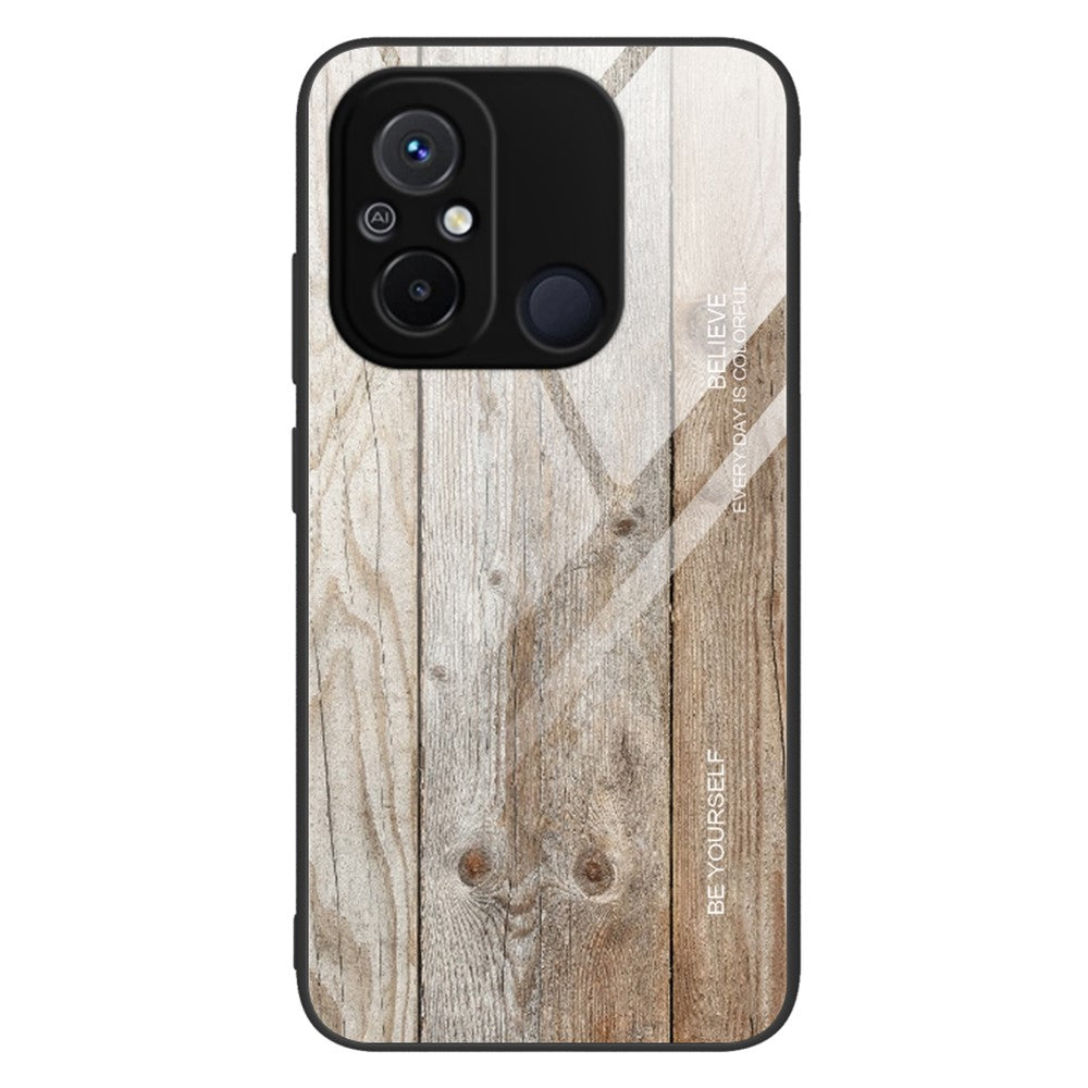 For Xiaomi Redmi 11A 4G / 12C 4G Wooden Pattern Drop-proof Phone Case Tempered Glass + TPU Protective Cover
