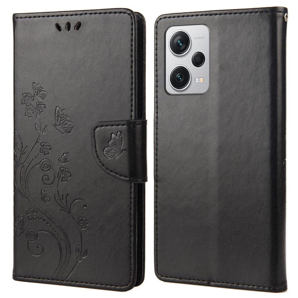 Xiaomi Redmi Note 12 Pro+ 5G stativmobilskal PU-läder plånboksfodral med blommönster och fjäril
