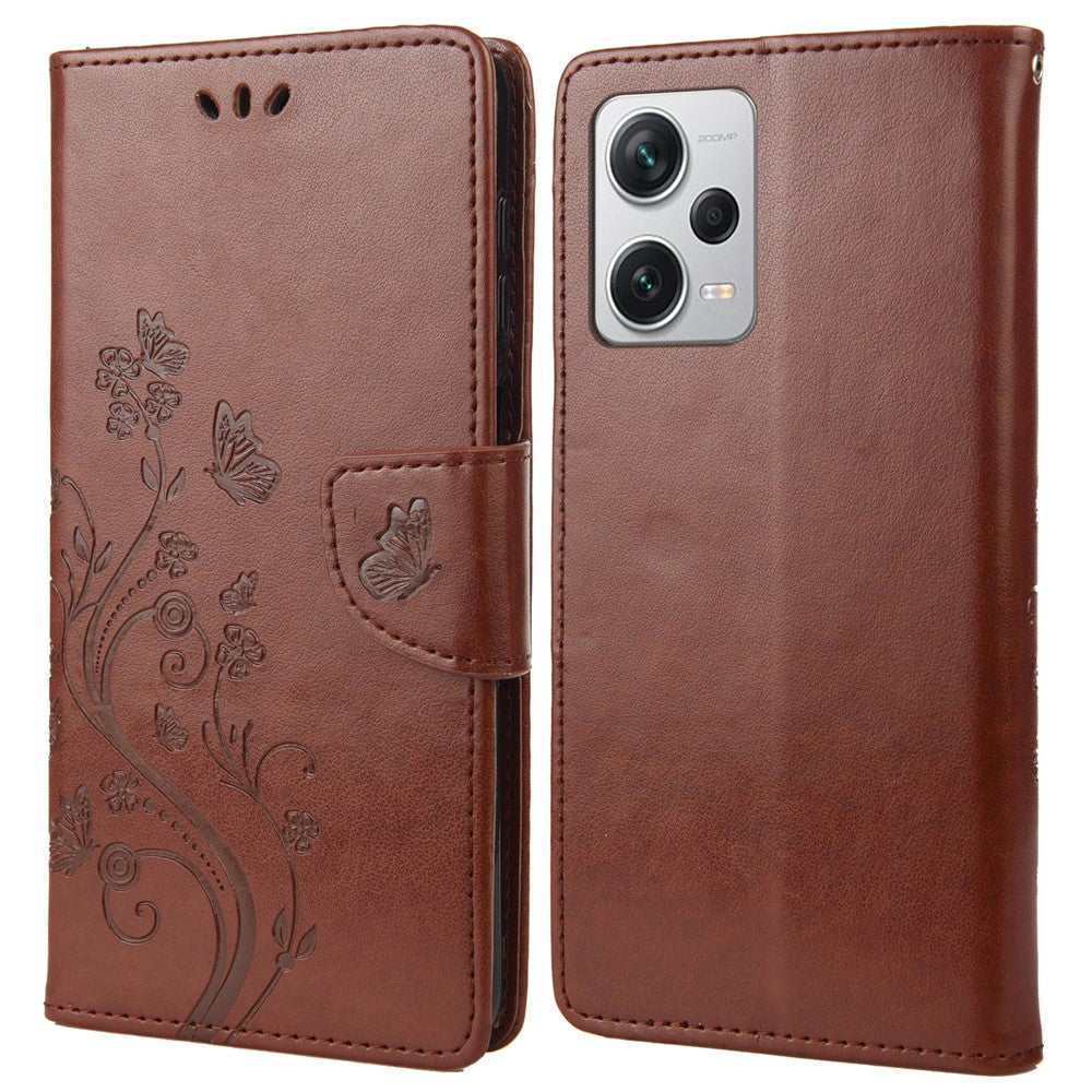 Xiaomi Redmi Note 12 Pro+ 5G stativmobilskal PU-läder plånboksfodral med blommönster och fjäril