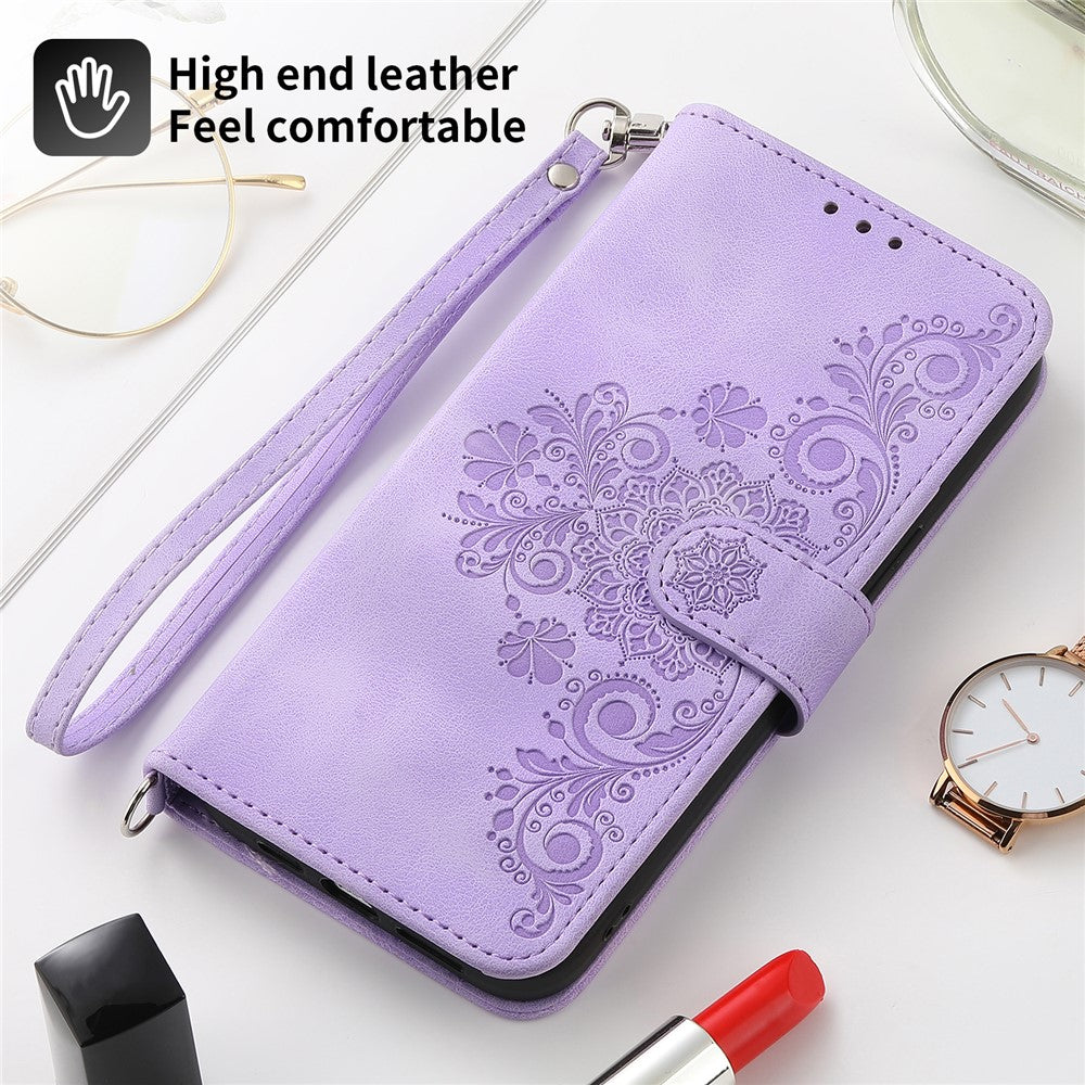 Leather Phone Case for Samsung Galaxy A34 5G Wallet Stand Imprinted Flower Skin-touch Cover with Strap