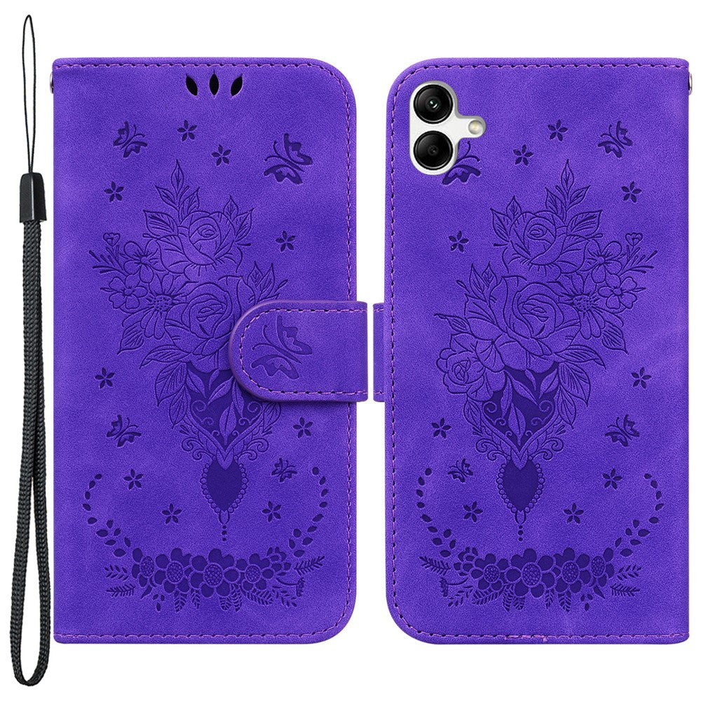 Til Samsung Galaxy A04e 4G / F04 4G / M04 4G Telefon Læderetui Præget Rose Sommerfugl Pung Stander Cover med Rem