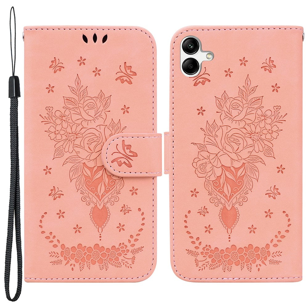 Til Samsung Galaxy A04e 4G / F04 4G / M04 4G Telefon Læderetui Præget Rose Sommerfugl Pung Stander Cover med Rem