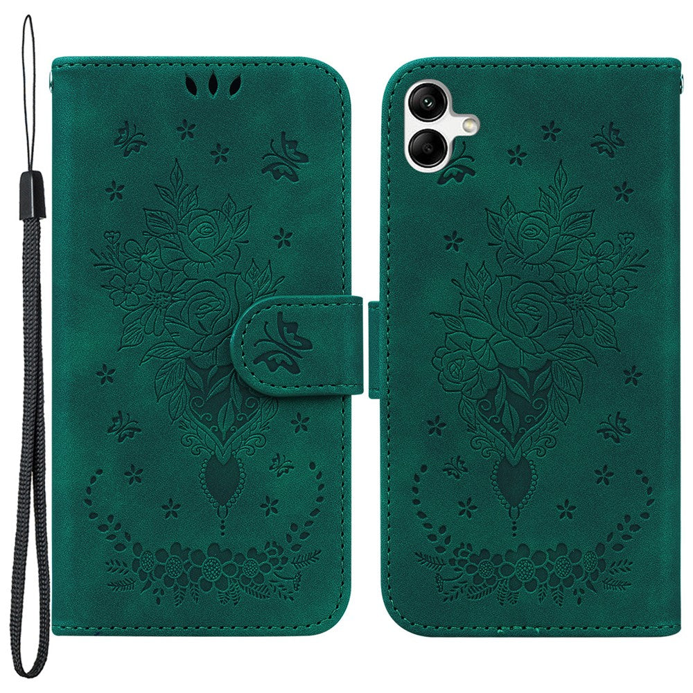Til Samsung Galaxy A04e 4G / F04 4G / M04 4G Telefon Læderetui Præget Rose Sommerfugl Pung Stander Cover med Rem