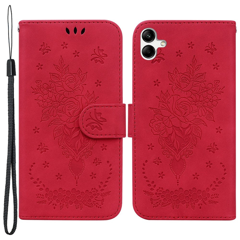 Til Samsung Galaxy A04e 4G / F04 4G / M04 4G Telefon Læderetui Præget Rose Sommerfugl Pung Stander Cover med Rem
