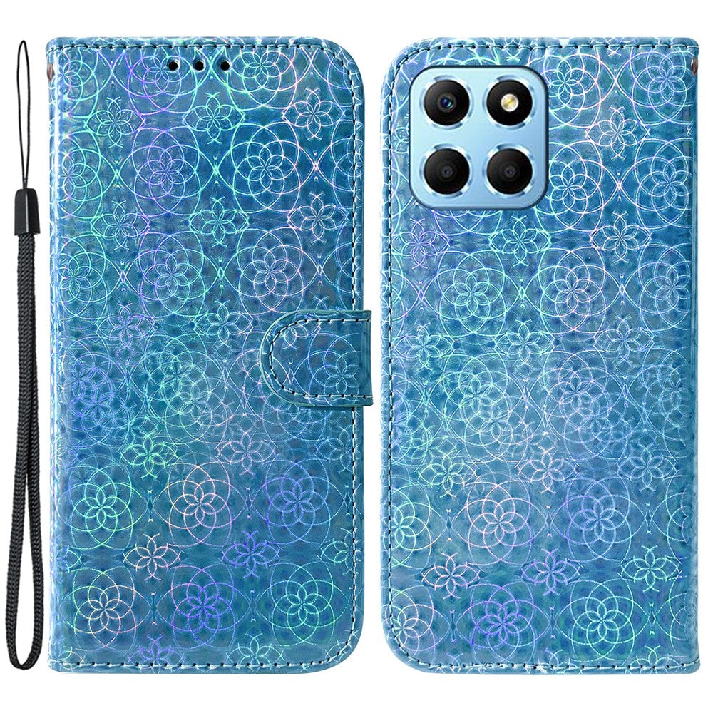 For Honor X8 5G Stand Magnetic Flip Phone Cover Leather Dazzling Flower Pattern Wallet Case with Strap