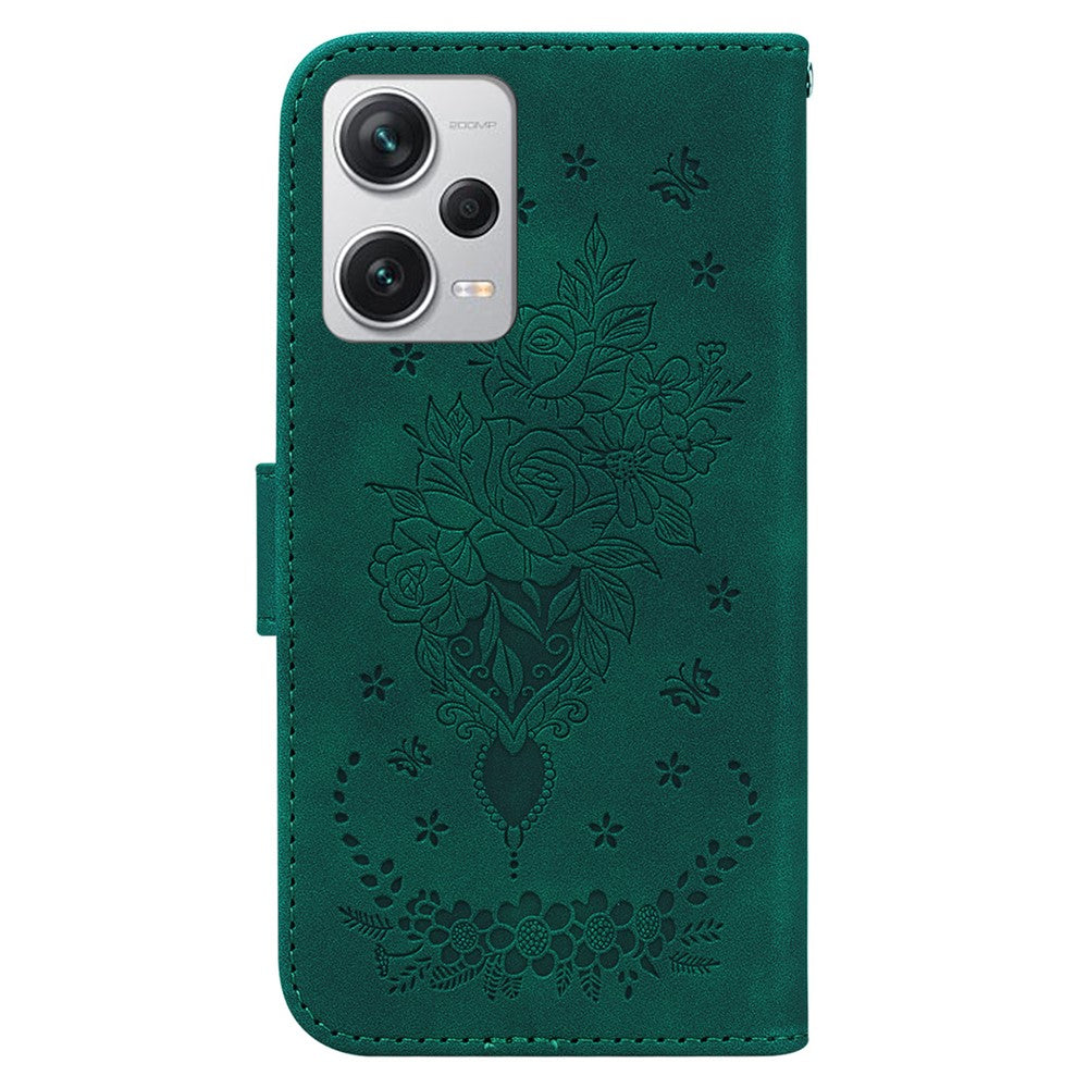 Läderfodral till Xiaomi Redmi Note 12 Pro+ 5G med rosfjärilstryck, stativ, plånboksfodral