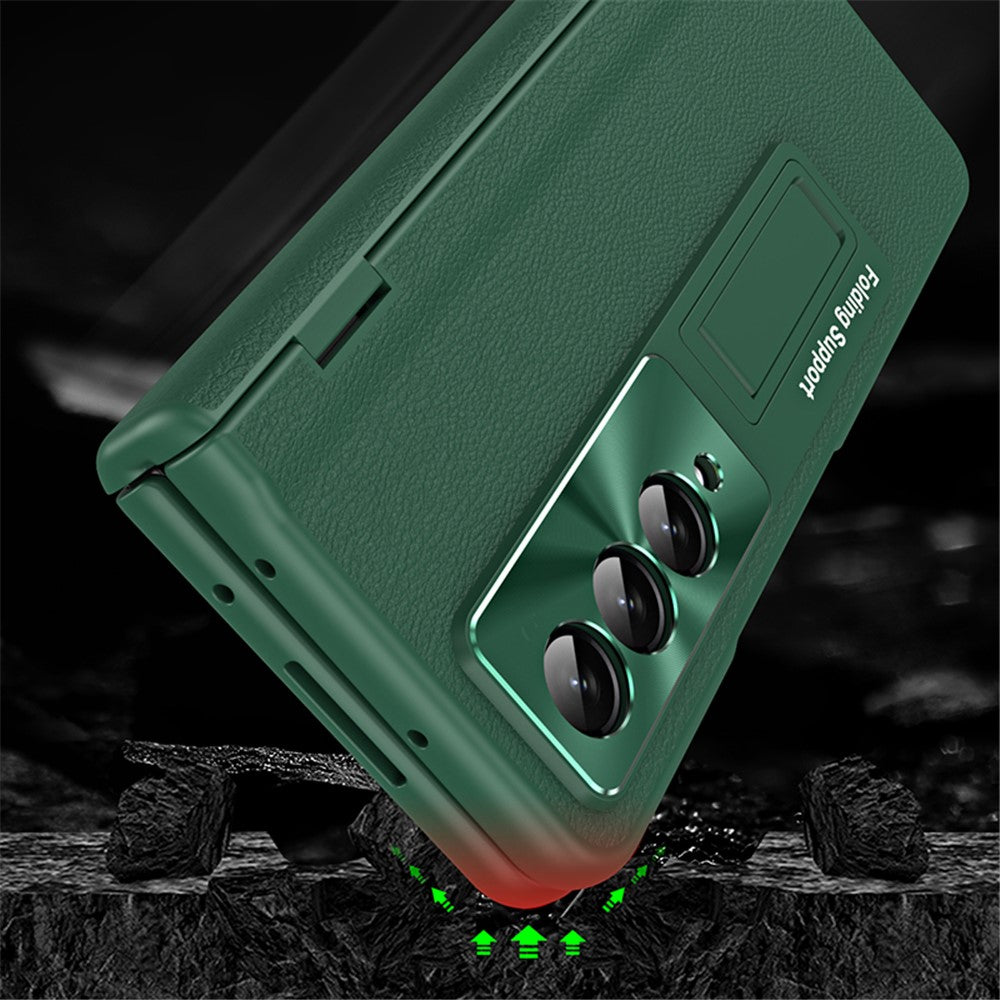 For Samsung Galaxy Z Fold4 5G Hinge Protection Phone Case PU Leather Coated PC Kickstand Cover with Tempered Glass Film
