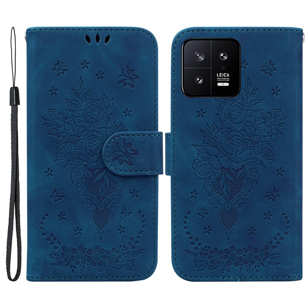Rose Butterfly Imprinted Phone Case for Xiaomi 13 5G , Flip Stand Leather Wallet Anti-scratch Phone Cover