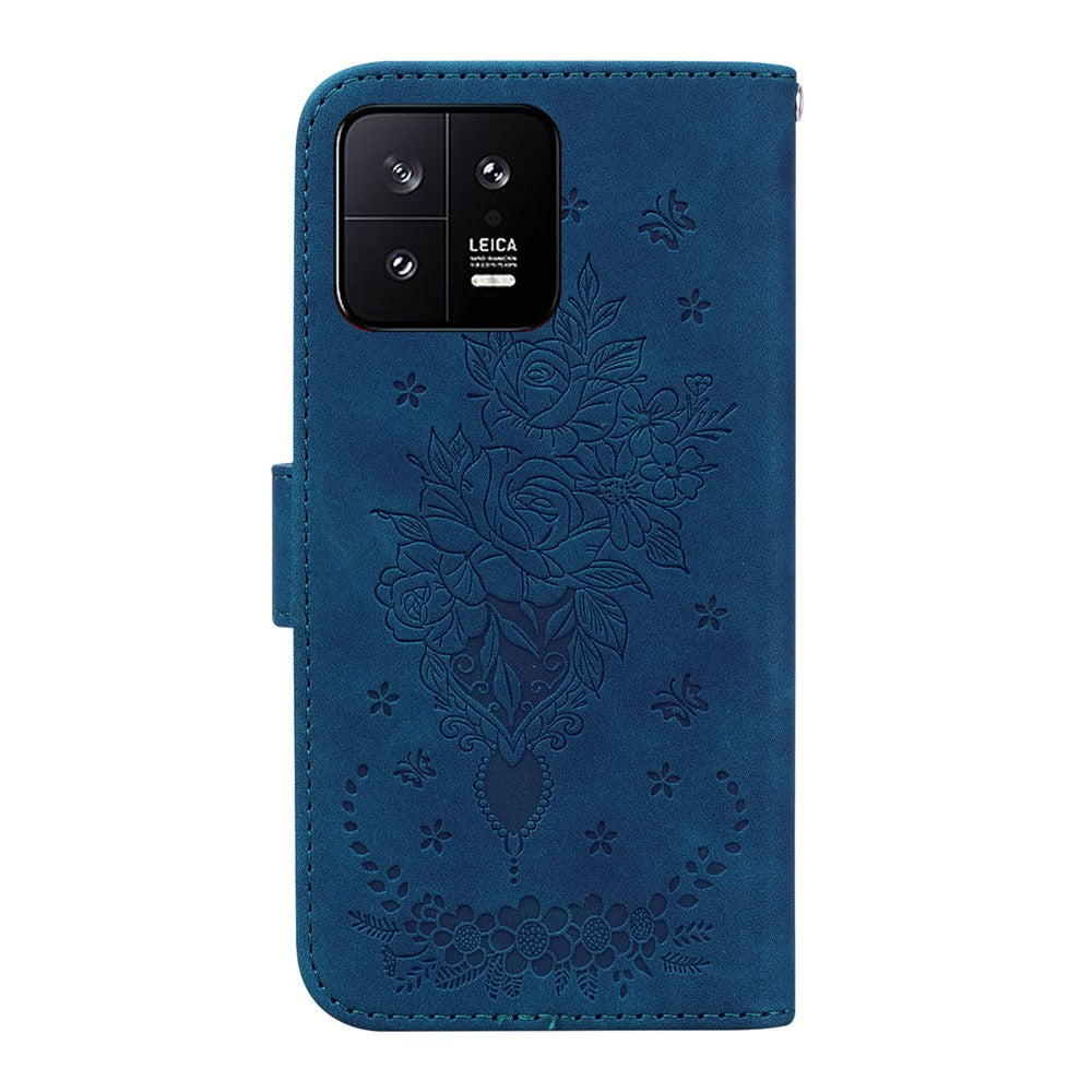 Rose Butterfly Imprinted Phone Case for Xiaomi 13 5G , Flip Stand Leather Wallet Anti-scratch Phone Cover