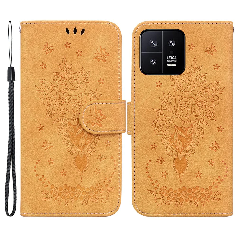 Rose Butterfly Imprinted Phone Case for Xiaomi 13 5G , Flip Stand Leather Wallet Anti-scratch Phone Cover