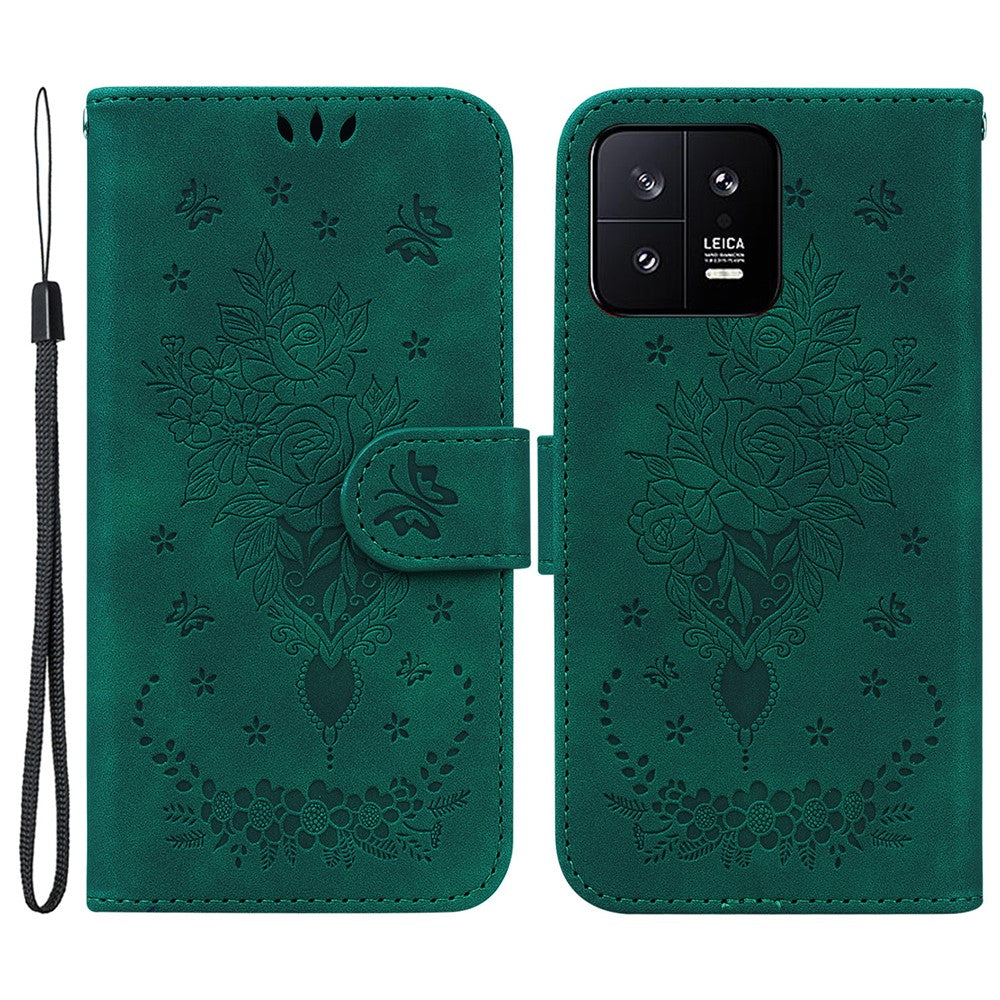 Rose Butterfly Imprinted Phone Case for Xiaomi 13 5G , Flip Stand Leather Wallet Anti-scratch Phone Cover