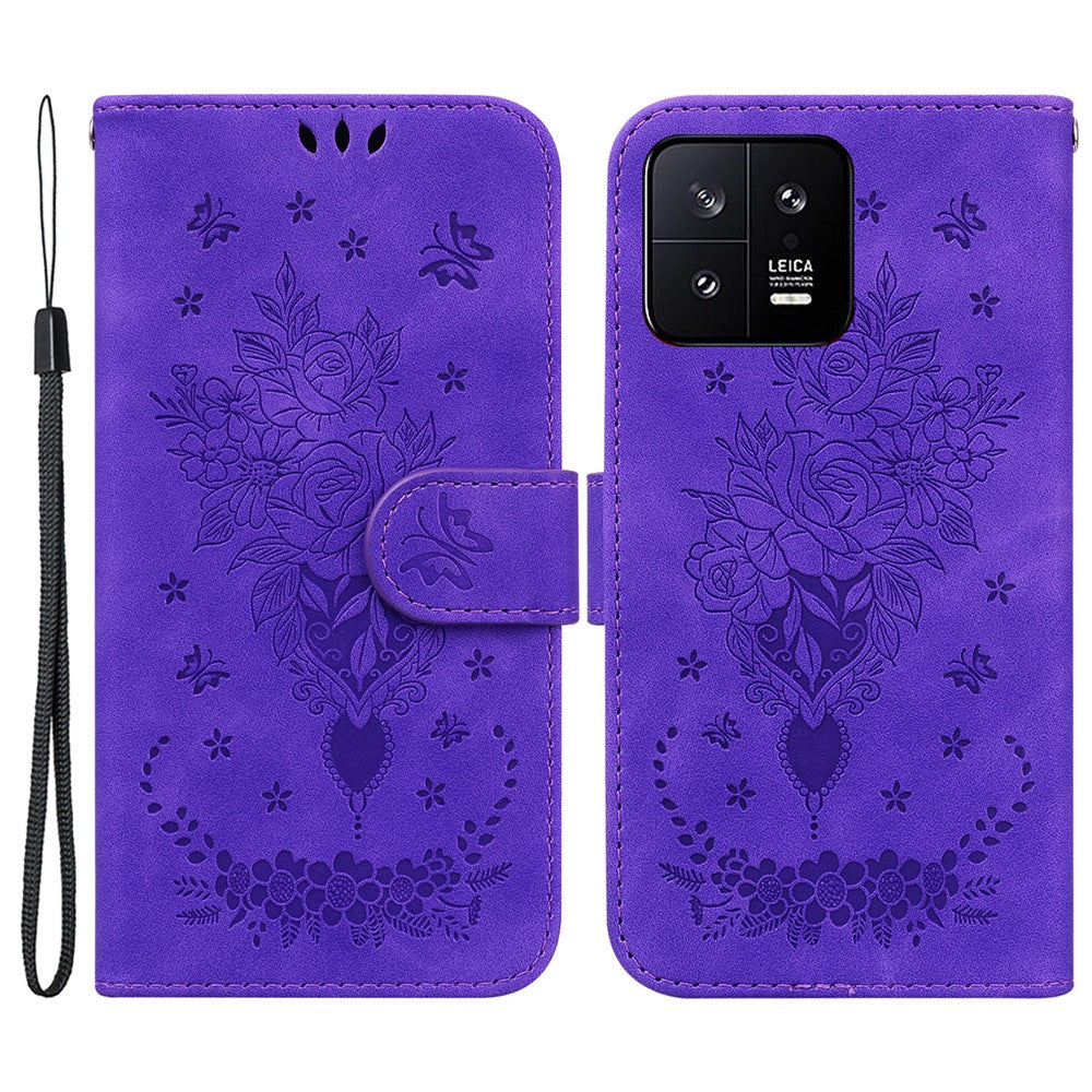 Rose Butterfly Imprinted Phone Case for Xiaomi 13 5G , Flip Stand Leather Wallet Anti-scratch Phone Cover