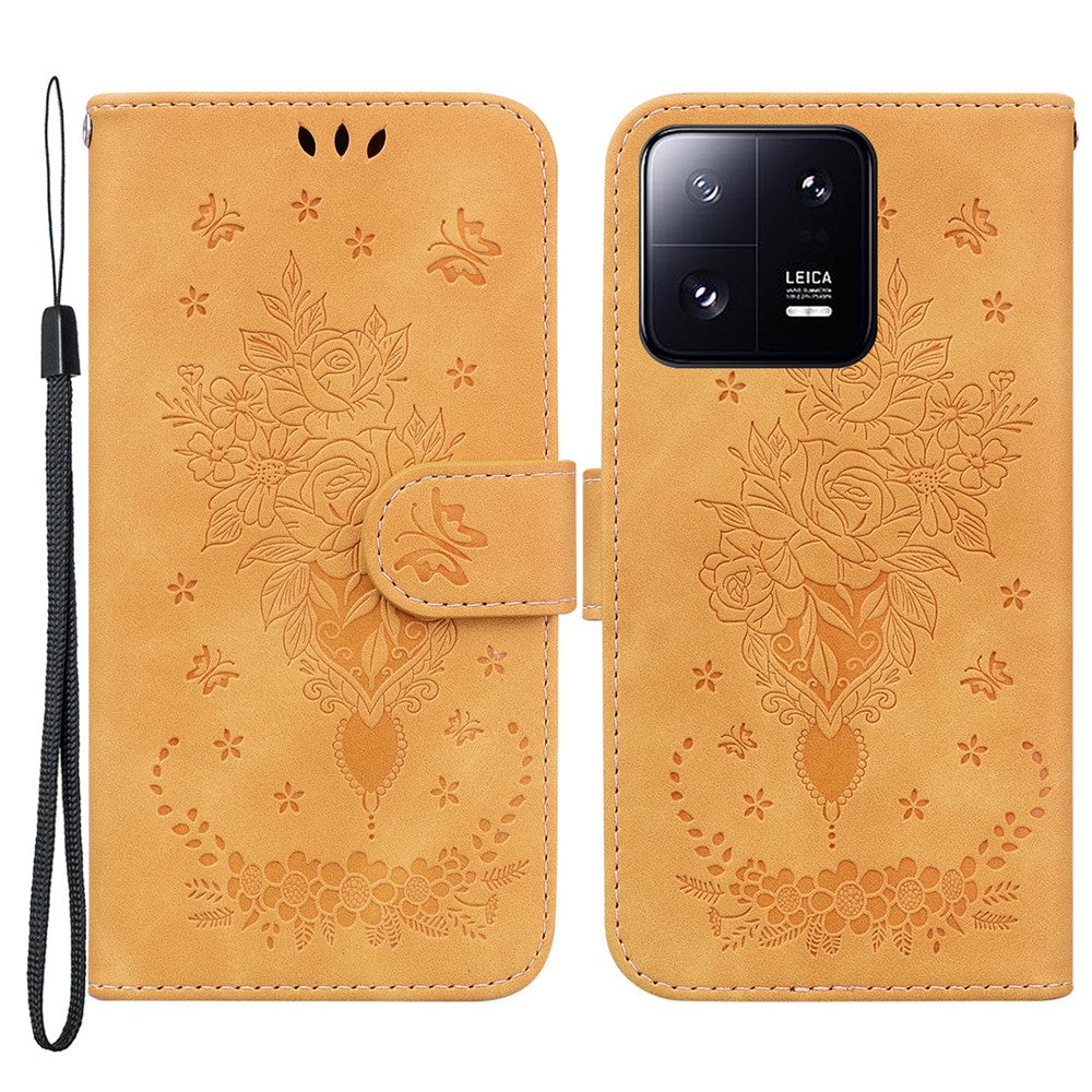 Läderfodral för Xiaomi 13 Pro 5G, stativ, plånbok, rosa fjärilstryck, mobilmobilfodral