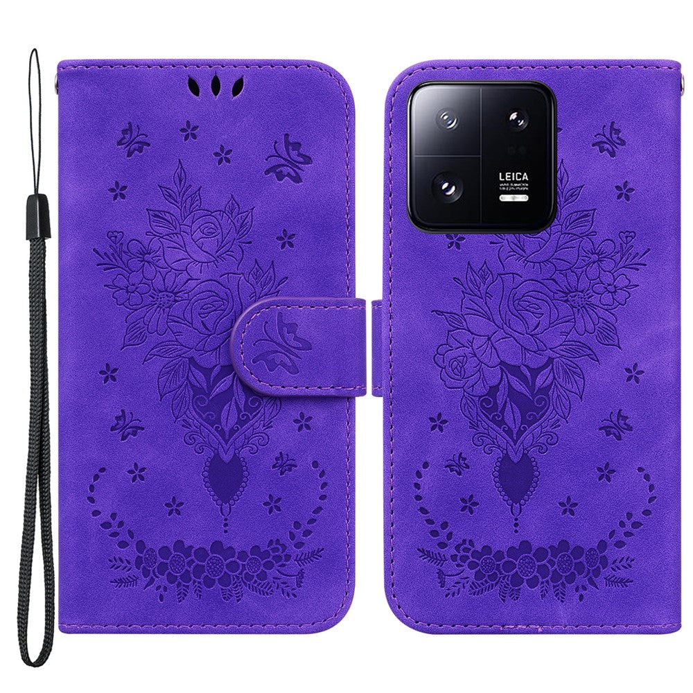 Läderfodral för Xiaomi 13 Pro 5G, stativ, plånbok, rosa fjärilstryck, mobilmobilfodral