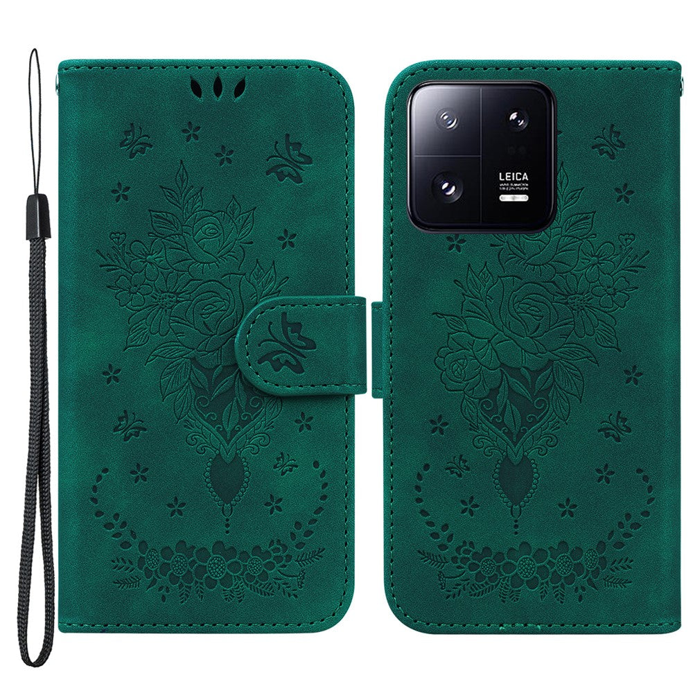 Läderfodral för Xiaomi 13 Pro 5G, stativ, plånbok, rosa fjärilstryck, mobilmobilfodral