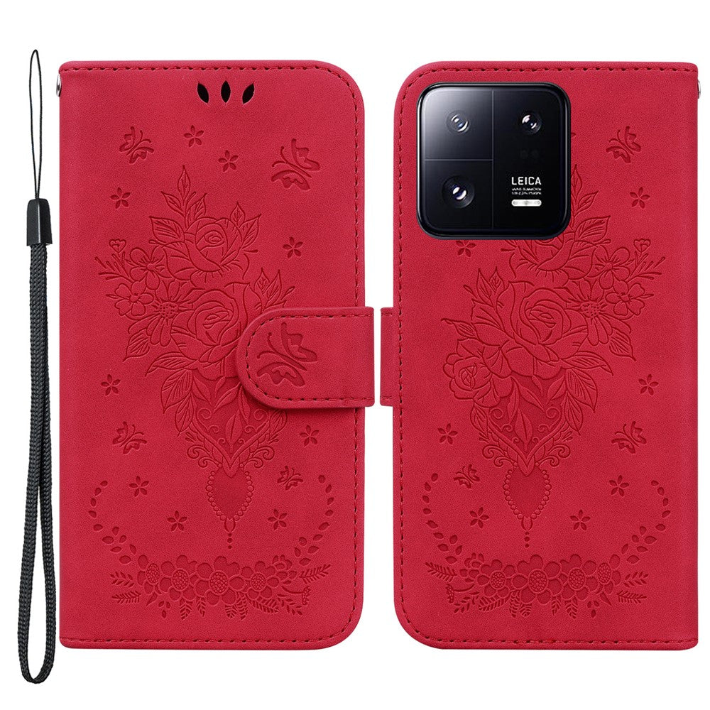 For Xiaomi 13 Pro 5G Leather Phone Case Stand Wallet Rose Butterfly Imprinted Cell Phone Cover