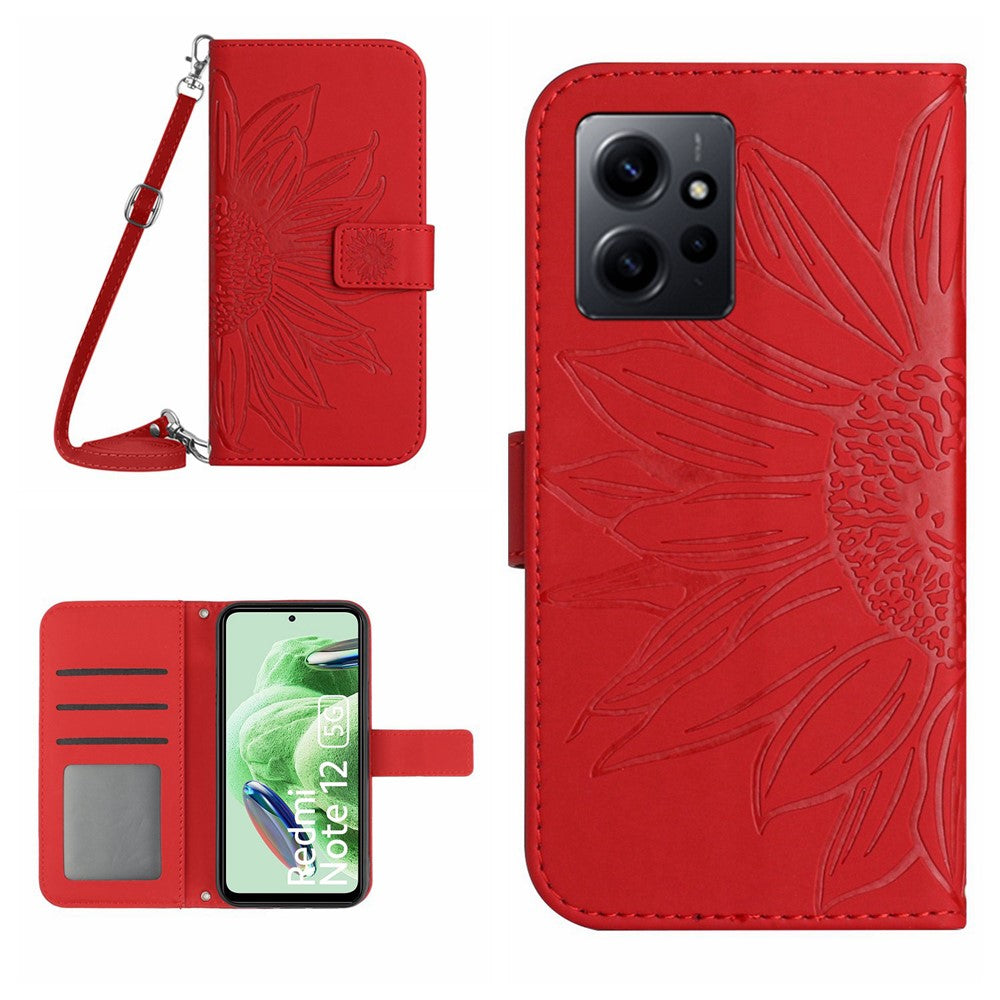 Xiaomi Redmi Note 12 4G HT04 Solrosmönster Stativfodral Läderplånbok mobilfodral med Axelrem