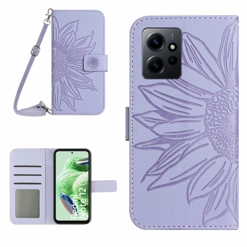 Xiaomi Redmi Note 12 4G HT04 Solrosmönster Stativfodral Läderplånbok mobilfodral med Axelrem