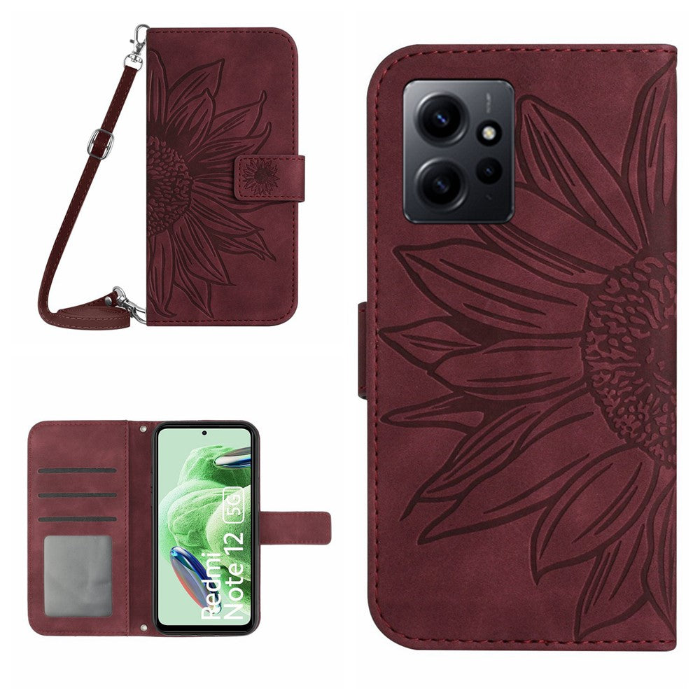 Xiaomi Redmi Note 12 4G HT04 Solrosmönster Stativfodral Läderplånbok mobilfodral med Axelrem