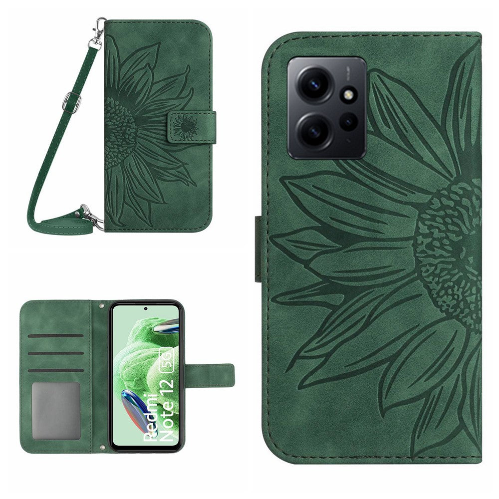 Xiaomi Redmi Note 12 4G HT04 Solrosmönster Stativfodral Läderplånbok mobilfodral med Axelrem