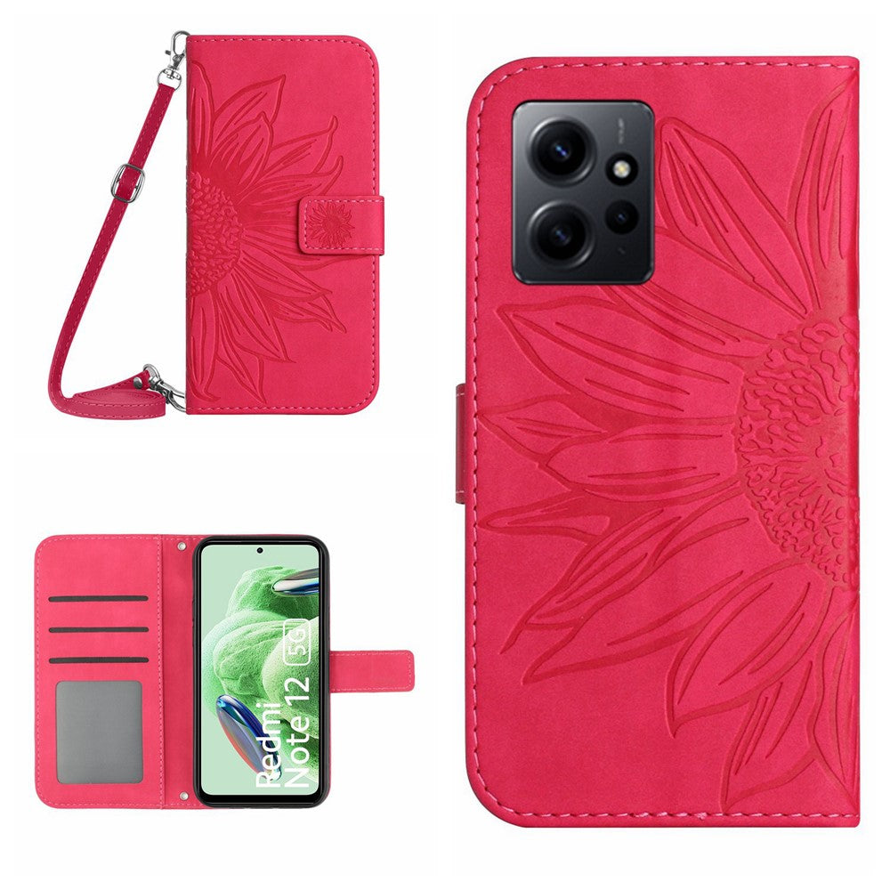 Xiaomi Redmi Note 12 4G HT04 Solrosmönster Stativfodral Läderplånbok mobilfodral med Axelrem