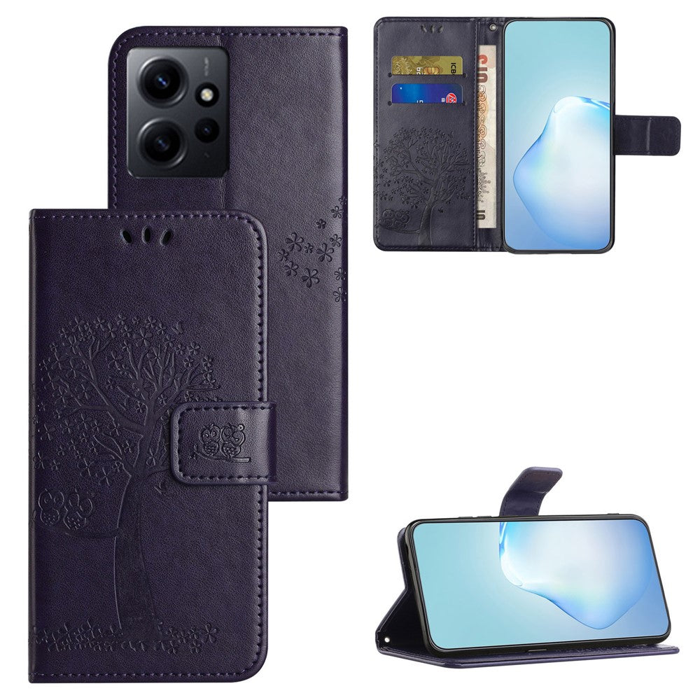 For Xiaomi Redmi Note 12 4G Owl Tree Imprinted Pattern Phone Wallet Case PU Leather Stand Phone Cover