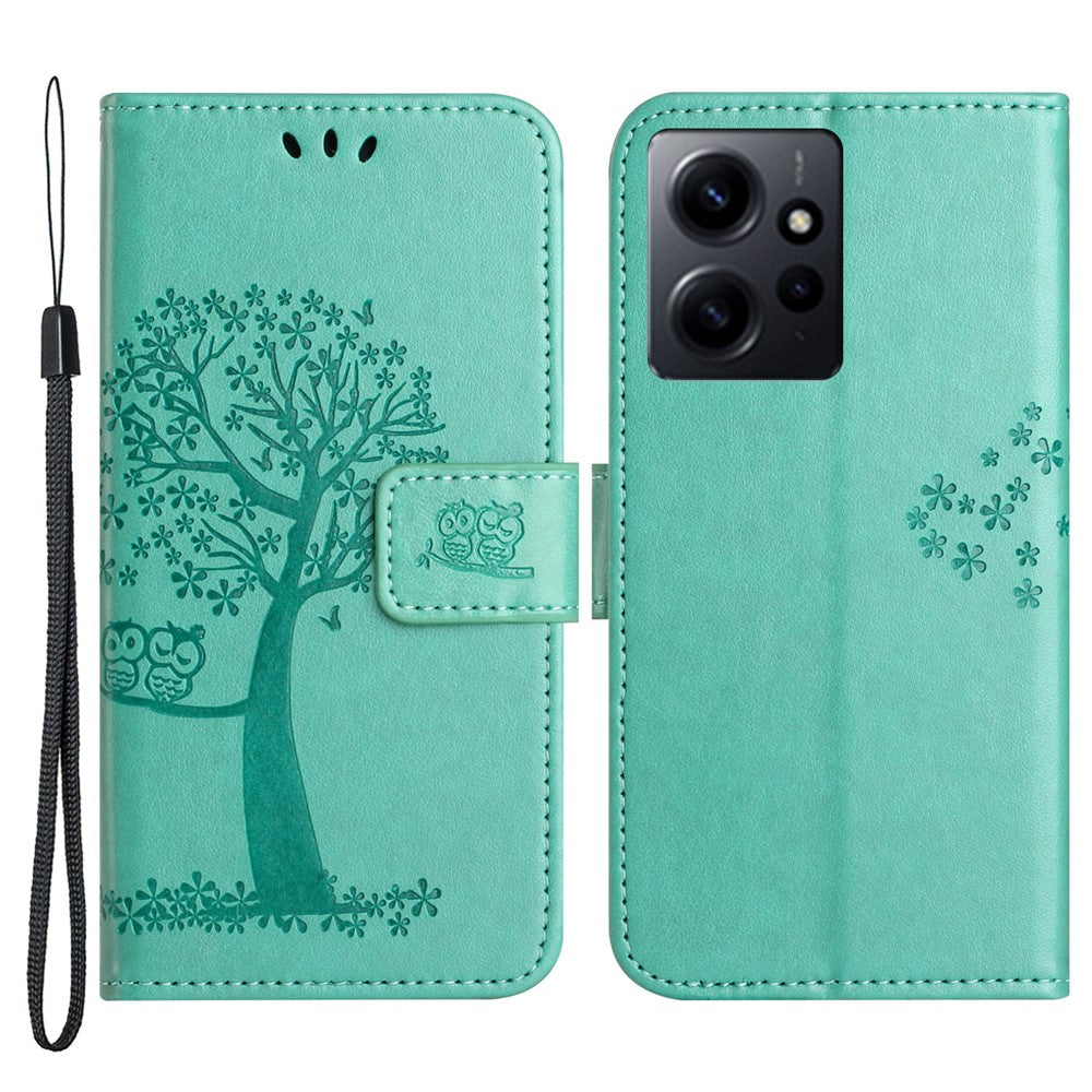 Xiaomi Redmi Note 12 4G Owl Tree Präglat Mönster mobil Plånboksfodral PU Läder Stativ mobilfodral