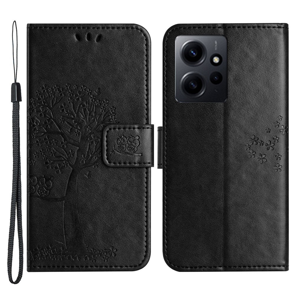 Xiaomi Redmi Note 12 4G Owl Tree Präglat Mönster mobil Plånboksfodral PU Läder Stativ mobilfodral