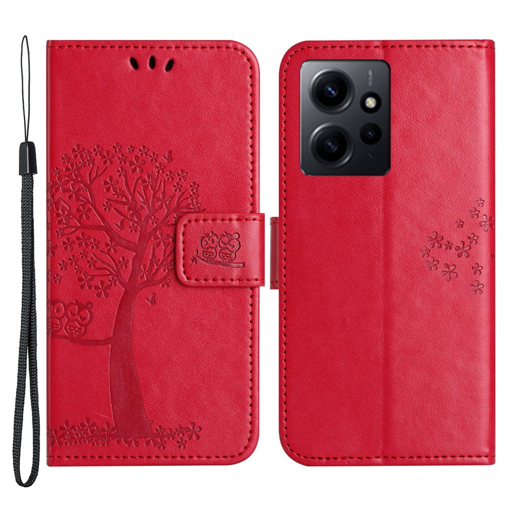 Xiaomi Redmi Note 12 4G Owl Tree Präglat Mönster mobil Plånboksfodral PU Läder Stativ mobilfodral