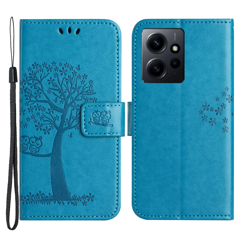 Xiaomi Redmi Note 12 4G Owl Tree Präglat Mönster mobil Plånboksfodral PU Läder Stativ mobilfodral