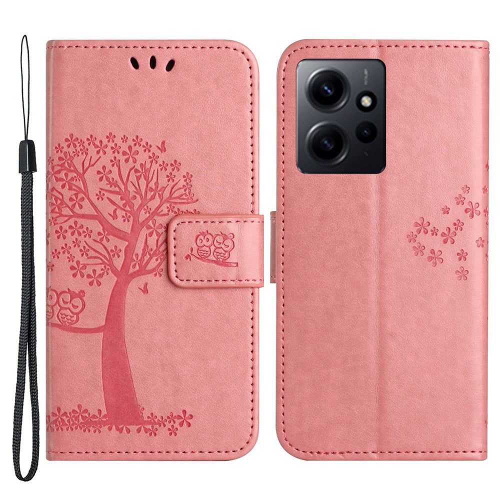 Xiaomi Redmi Note 12 4G Owl Tree Präglat Mönster mobil Plånboksfodral PU Läder Stativ mobilfodral