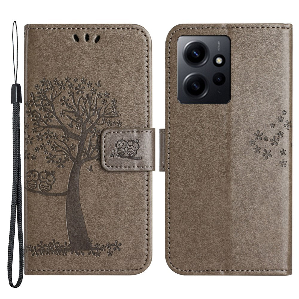 Xiaomi Redmi Note 12 4G Owl Tree Präglat Mönster mobil Plånboksfodral PU Läder Stativ mobilfodral