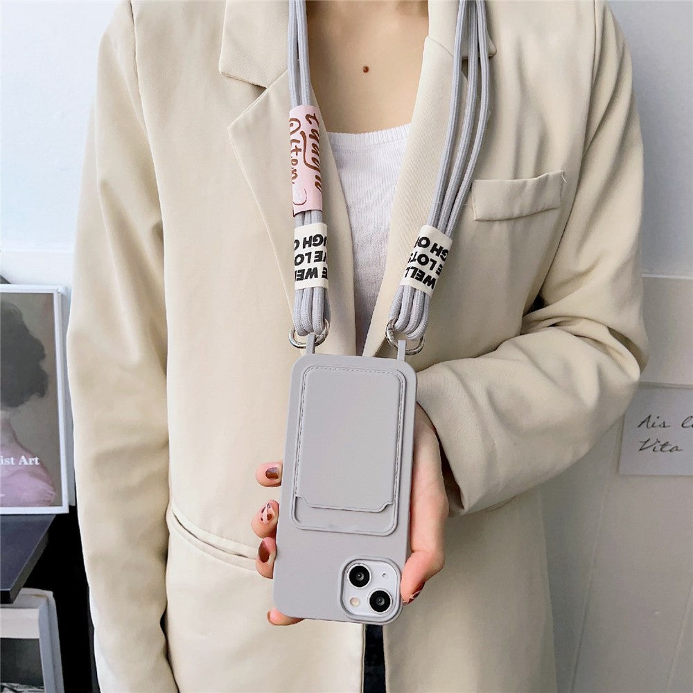 For iPhone 14 Soft Liquid Silicone Phone Case Card Slot Slim Protective Back Cover with Lanyard Strap