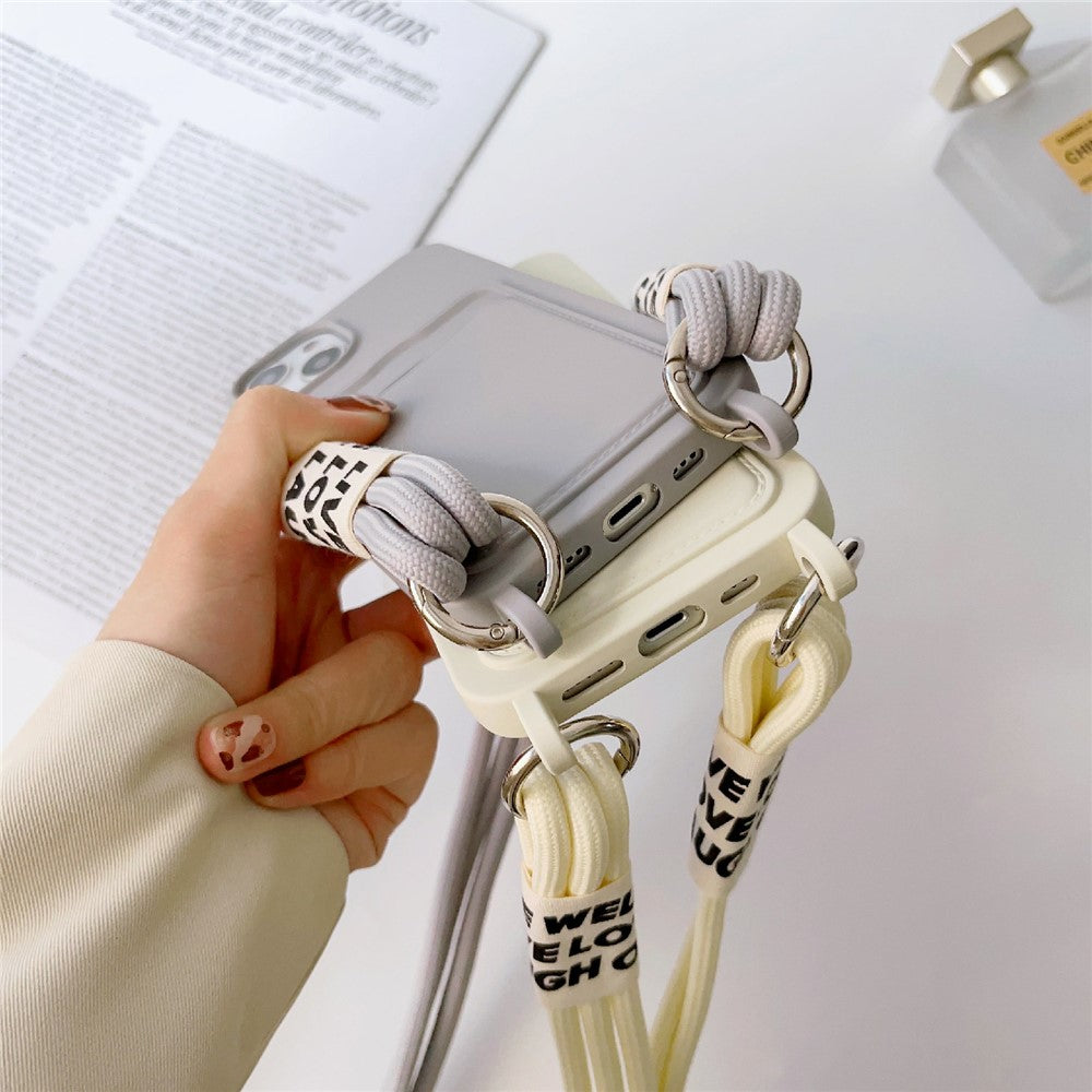 For iPhone 14 Soft Liquid Silicone Phone Case Card Slot Slim Protective Back Cover with Lanyard Strap