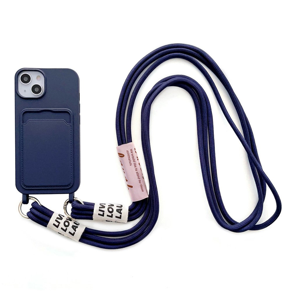 For iPhone 14 Soft Liquid Silicone Phone Case Card Slot Slim Protective Back Cover with Lanyard Strap