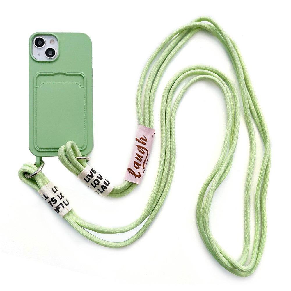 For iPhone 14 Soft Liquid Silicone Phone Case Card Slot Slim Protective Back Cover with Lanyard Strap