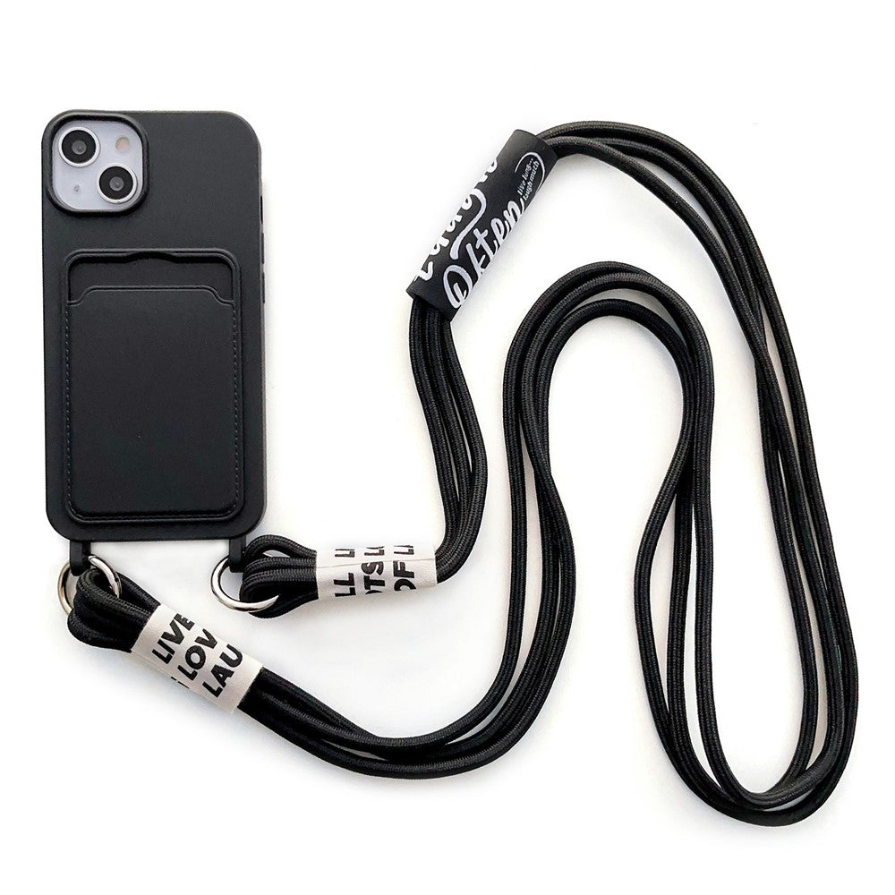 For iPhone 14 Soft Liquid Silicone Phone Case Card Slot Slim Protective Back Cover with Lanyard Strap