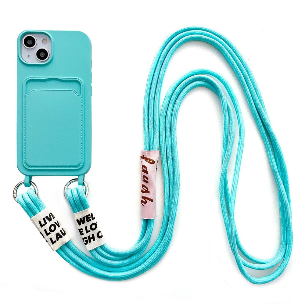 For iPhone 14 Soft Liquid Silicone Phone Case Card Slot Slim Protective Back Cover with Lanyard Strap