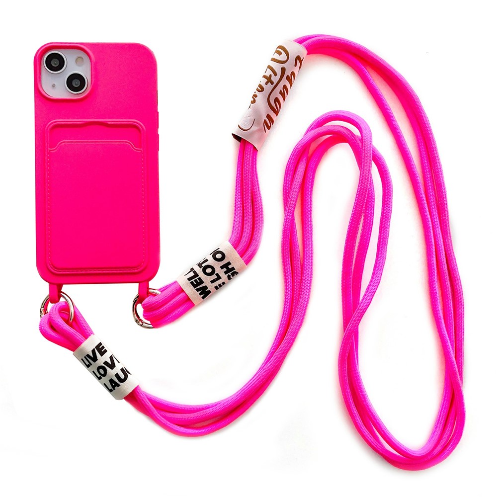 For iPhone 14 Soft Liquid Silicone Phone Case Card Slot Slim Protective Back Cover with Lanyard Strap