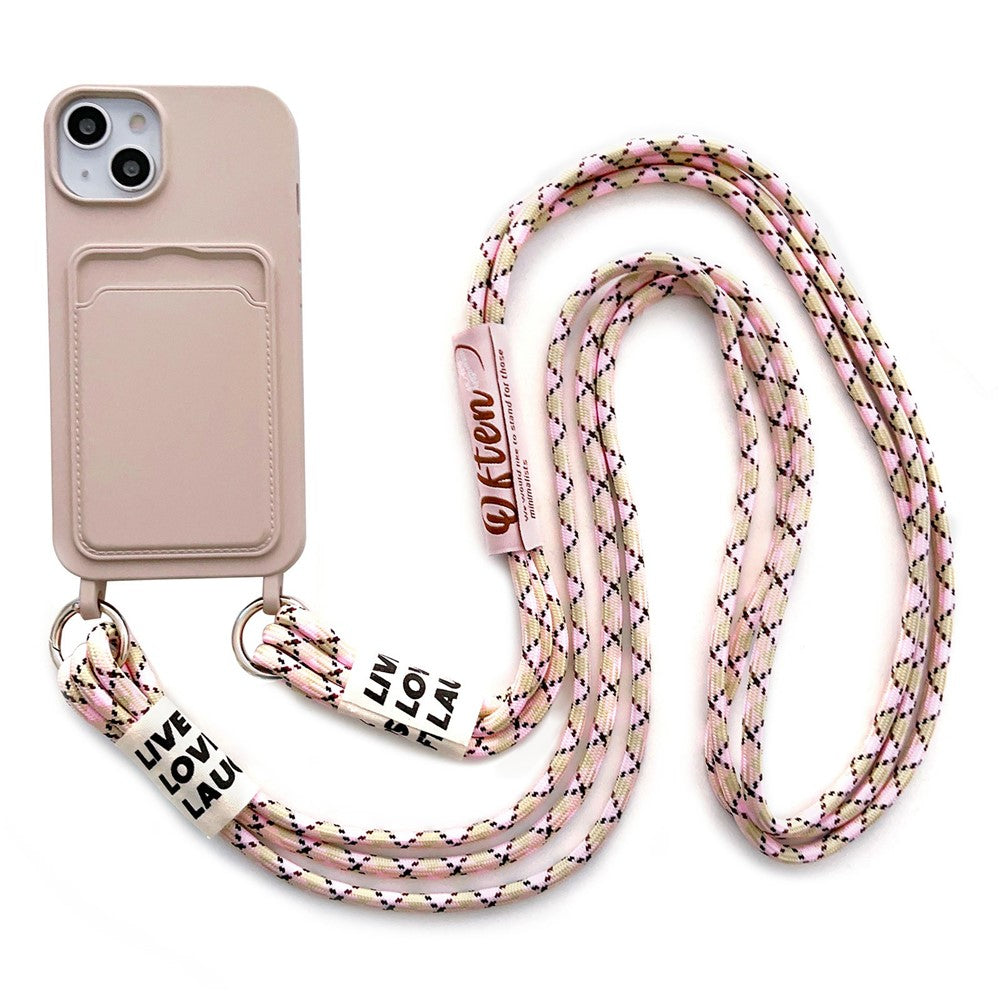 For iPhone 14 Soft Liquid Silicone Phone Case Card Slot Slim Protective Back Cover with Lanyard Strap